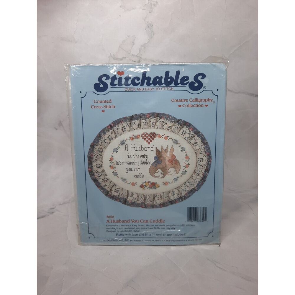 1989 Dimensions Stitchables Cross Stitch Kit A Husband You Can Cuddle 5x7 Oval